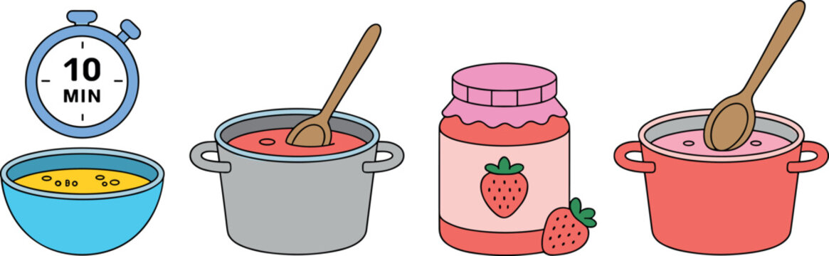 Homemade strawberry jam cooking process vector illustration set with pot jar timer and ingredients isolated on light background for kitchen and recipe design