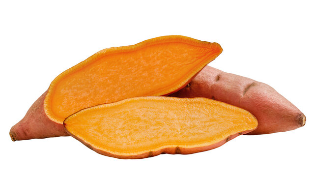 Isolated fresh whole sweet potato and cut halves revealing vibrant orange healthy rich flesh