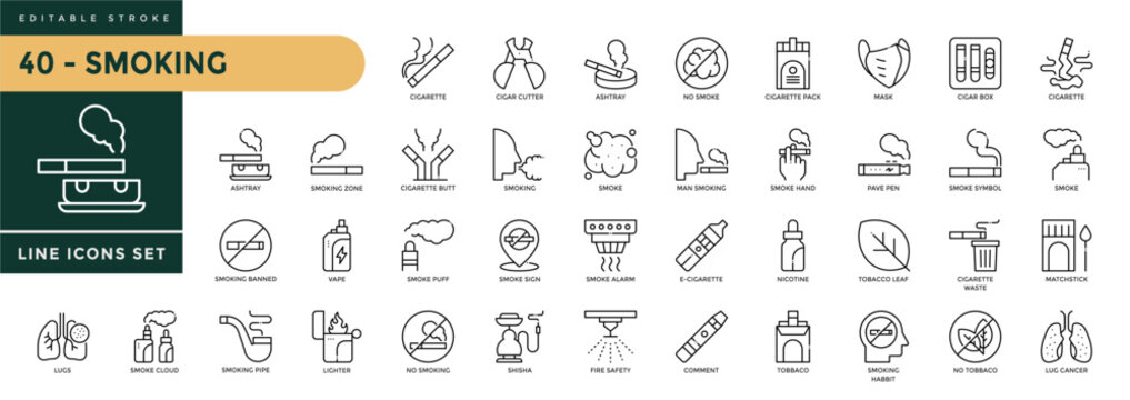 A collection of Smoking icons set with editable stroke, including cigarette, e-cigarette, ashtray, vape, smoke cloud, smoke alarm, and cigar cutter. Thin linear vector illustration.