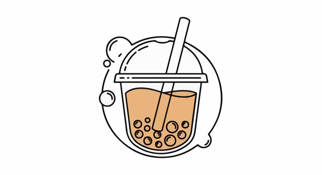 A simplified graphic illustration of a bubble tea drink with a straw and tapioca pearls
