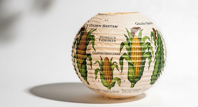A decorative vase with a unique corn illustration design on a white background