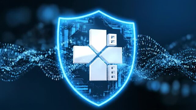 Digital shield graphic featuring interconnected data streams and a stylized logo representing security and technology, set against a dark blue background with glowing elements