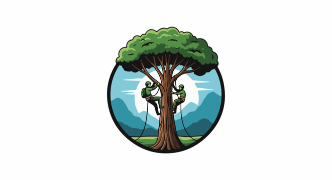 Two arborists ascend a large tree in a circular emblem with a mountain backdrop