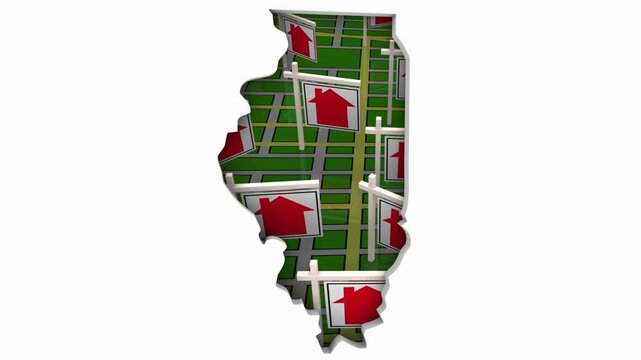 Illinois IL Chicago Real Estate Market Homes Houses For Sale Signs Map Move Relocate 3d Animation