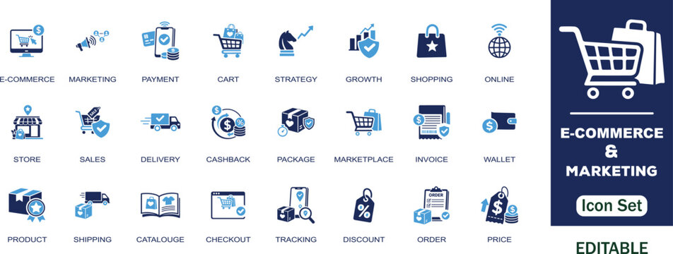E-commerce and Marketing editable solid icon set. Payment, cart, strategy, online, shopping, growth, marketplace, sales, delivery elements and more vector icons  collection. 
