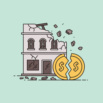Damaged house with broken coins.