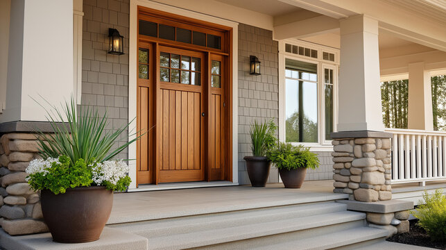 Close-up of a modern home entrance with a wooden front door, stone pathway, and potted plants, curb appeal and welcoming home concept, with copy space
