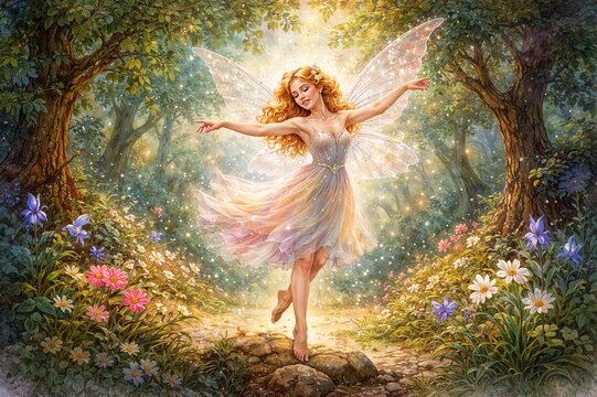 Enchanting fairy dancing in a sun-drenched magical forest with shimmering wings.