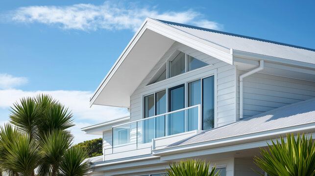 Close-up of a triangular gable end on a modern suburban house with white siding and roof, architectural detail concept, residential construction photography, with copy space
