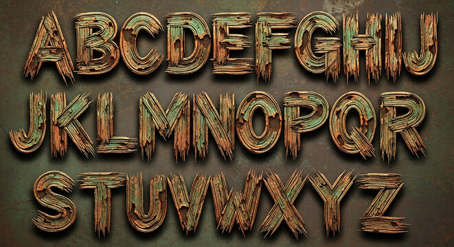 A rustic wooden alphabet with letters from A to Z on a dark background