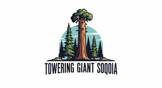 Stylized illustration of a towering redwood tree surrounded by smaller evergreen trees and a pale blue sky