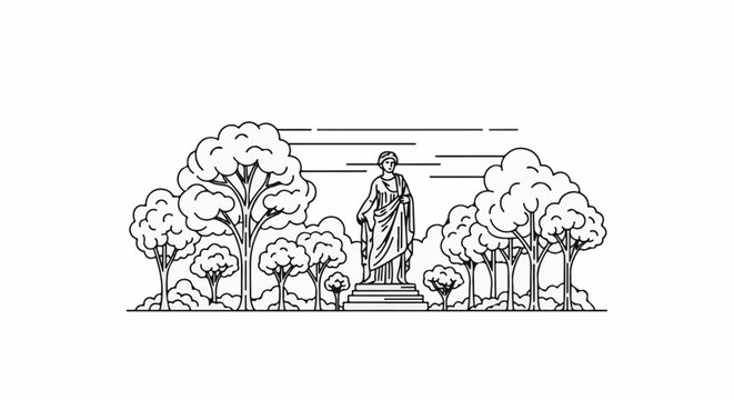 Stylized line art depicts a classical statue amidst a forest of whimsical trees