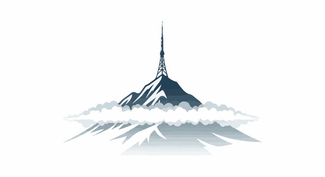 Stylized mountain peak with a broadcast tower and cloud reflections