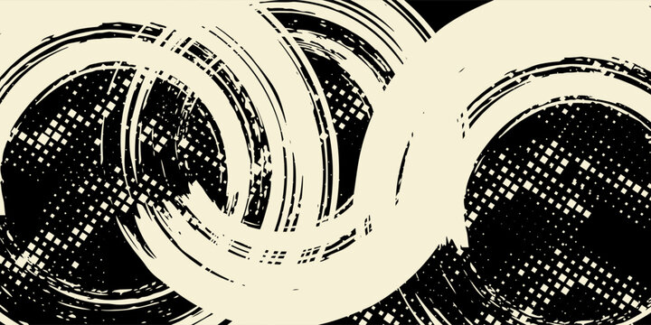 Abstract black halftone circular brush stroke background with grunge-style textures and dynamic swirl elements. The modern monochrome design is ideal for comic book art