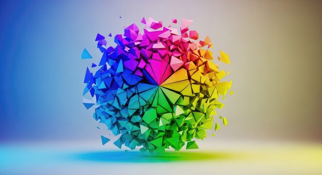 Dynamic composition of broken geometric shapes, creating a complex, colorful mosaic. A digital visual representation of deconstruction and chaos, plane, visual, irregular