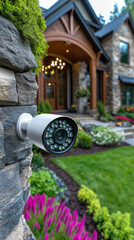 Naklejka premium White surveillance camera is mounted on stone wall, overlooking well-maintained garden and entrance to large, luxurious house with stone siding and arched entryway, suggesting home security and proper