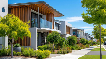 Fototapeta premium Newly built modern houses and contemporary double-storey homes in a developing outer suburb, real estate growth and urban expansion concept, with copy space