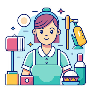 Cartoon Housekeeper with Cleaning Supplies Illustration