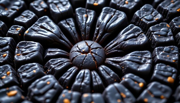 The image features a close up view of a circular arrangement of dark, glossy confections, with a central piece as the focal point