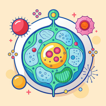 Cartoon illustration of a complex biological cell structure
