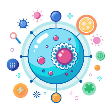 Cartoon lymphocyte cell with surrounding biological elements