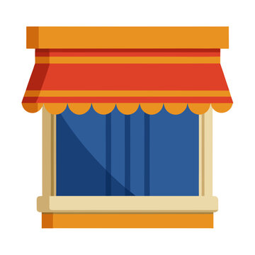 Cartoon Store Facade with Red Awning and Blue Window