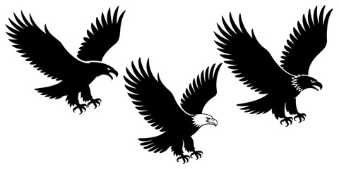 Fototapeta premium Bald eagle illustration set flying bird of prey American symbol detailed wings spread silhouettes