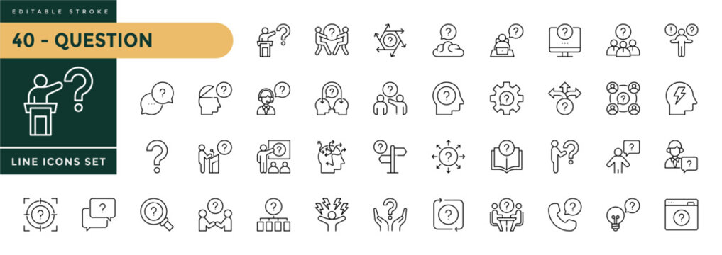 A collection of Question icons set with editable stroke, including problem, ask, confusion. Thin linear vector illustration.