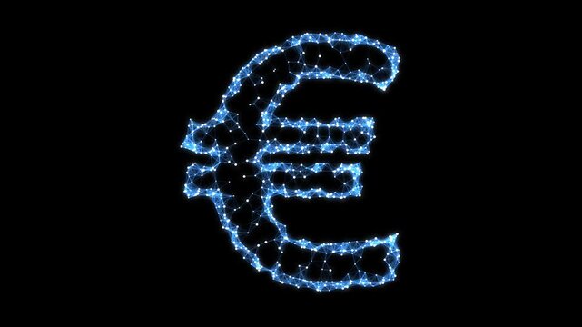Abstract Geometric Blue Euro Symbol Pulsating on Black Background, Animated Financial Currency Particles Network Motion Graphics Seamless Loop, 4K