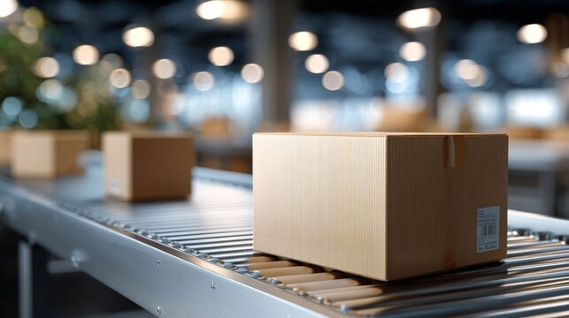 Packages move along a conveyor belt in a warehouse during a busy workday with lights above illuminating the area