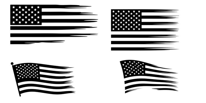 Distressed American flag set with grunge brush stroke style patriotic USA banner variations black and white and color