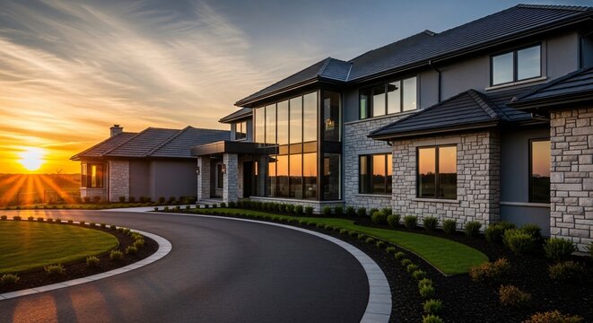 A large modern house with a stone facade and dark roof is set against a vibrant sunset