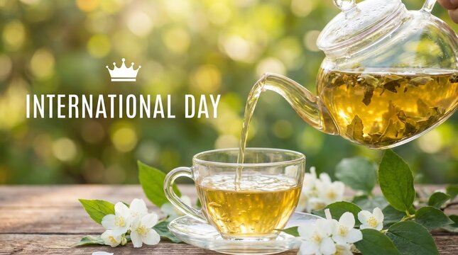 Plate of fresh dates with traditional tea setting for international tea day concept