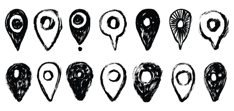 Grunge Brush Stroke Location Pin Icons Set. Gps navigation symbol markers hand painted. Vector chalk artistic pin map mark collection.