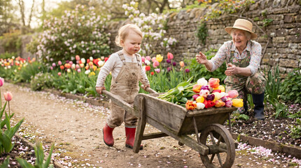 Fototapeta premium Young child helping to push wheelbarrow full of flowers in garden 