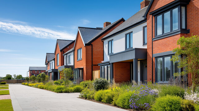 Row of newly built modern terraced houses with red brick and render facades under a clear blue sky, new housing development concept, with copy space