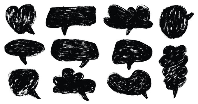Grunge Brush Stroke Speech Bubbles Set. Paintbrush hand drawn rough chat boxes. Vector chalk drawn comic communication talk and message bubbles set. Crayon rough dialog frames.