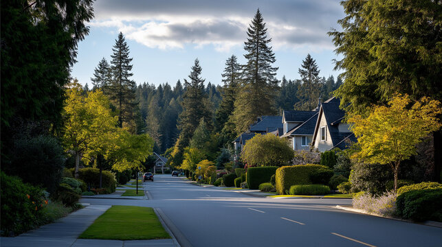 Quiet suburban neighborhood in the Pacific Northwest with tree-lined streets and well-maintained homes, residential lifestyle concept, neighborhood photography, with copy space
