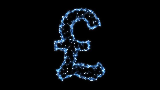 Abstract Geometric Blue Pound Sterling Symbol Pulsating on Black Background, Animated Financial Currency Particles Network Motion Graphics Seamless Loop, 4K