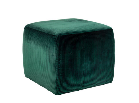 Isolated modern square pouf in luxurious ribbed emerald velvet for stylish home decor