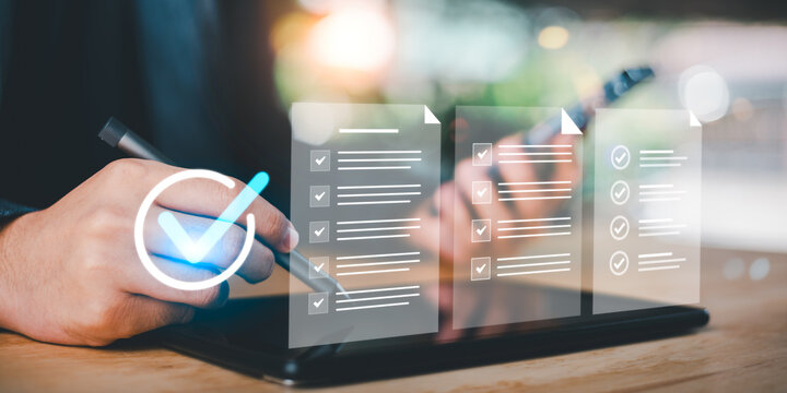 Digital verification and workflow management concept representing task validation, quality assurance, efficient business process control. Ideal for themes of productivity systems, operational accuracy