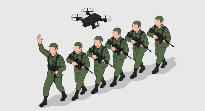Isometric Army Soldiers Walking in Formation with Surveillance Drone