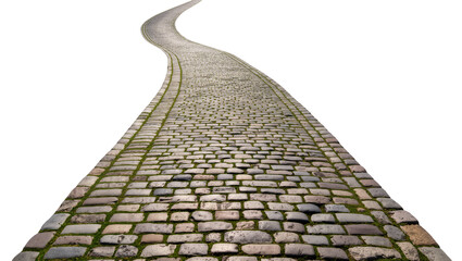 Isolated winding cobblestone road with green grass growing between stones leading into distance © Andrei