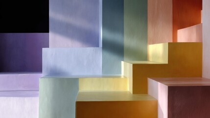 Set of stairs with different colors and textures. the stairs are arranged in a way that creates a sense of depth and dimension.