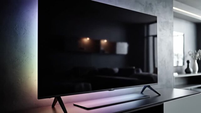 Modern flat screen TV with subtle ambient backlighting on a sleek stand in a minimalist living room