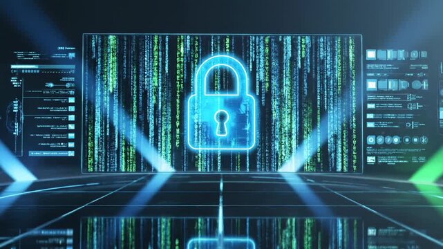 Futuristic digital lock hologram on matrix code display representing cybersecurity and encryption