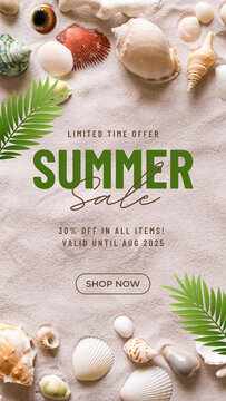 A colorful summer sale advertisement with seashells and palm leaves on a sandy background