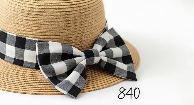A stylish straw hat with a black and white checkered bow on a white background