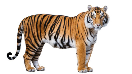 Obraz premium Isolated majestic wild tiger standing alert, powerful and striped big cat predator