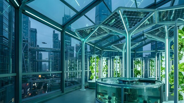 Futuristic Urban Agrivoltaic Rooftop Garden with Hydroponic Towers
